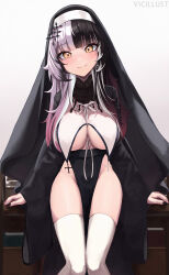 Rule 34 | 1girl, absurdres, alternate costume, artist name, black hair, black nails, blush, breast curtains, breasts, closed mouth, coif, cross, cross earrings, earrings, fingernails, grey hair, hair ornament, head tilt, highres, hololive, hololive english, jewelry, large breasts, long hair, long sleeves, looking at viewer, multicolored hair, nail polish, nun, pelvic curtain, revealing clothes, ribbon, shiori novella, shrug (clothing), simple background, smile, solo, split-color hair, thighhighs, two-tone hair, vicarious, virtual youtuber, white background, white ribbon, white thighhighs, wide sleeves, yellow eyes