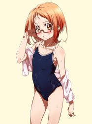 Rule 34 | 10s, 1girl, blush, covered erect nipples, embarrassed, eyelashes, flat chest, glasses, hand in own hair, looking at viewer, matching hair/eyes, navel, niko (tama), one-piece swimsuit, orange eyes, orange hair, precure, red-framed eyewear, school swimsuit, shirabe ako, short hair, simple background, solo, suite precure, swimsuit, towel, wet, white background