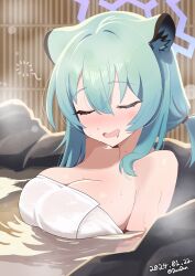 Rule 34 | 1girl, absurdres, animal ears, blue archive, blush, breasts, cleavage, closed eyes, commentary request, dandan (uaee4742), dated, drooling, drunk, green hair, halo, highres, large breasts, naked towel, onsen, open mouth, outdoors, partially submerged, purple halo, saliva, shigure (blue archive), smile, squeans, towel, twitter username, water, wet