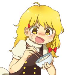 Rule 34 | 1girl, :d, ahoge, bad id, bad twitter id, black vest, blonde hair, blush, bowl, chopsticks, commentary request, crying, crying with eyes open, eating, hair ornament, hair ribbon, hairclip, holding, holding chopsticks, kirisame marisa, long hair, nose blush, open mouth, puffy short sleeves, puffy sleeves, ribbon, sasa kichi, short sleeves, simple background, smile, solo, tears, touhou, tress ribbon, upper body, vest, white background, yellow eyes