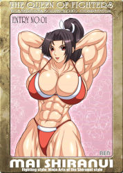 Rule 34 | 1girl, abs, arms behind head, breasts, extreme muscles, fatal fury, female focus, large breasts, muscular, ren (tainca2000), shiranui mai, snk, solo, swimsuit, the king of fighters
