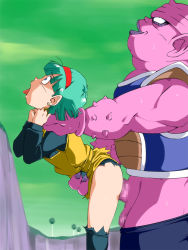 Rule 34 | 1boy, 1girl, alien, alternate hairstyle, amedama akihito, asphyxiation, blue eyes, blunt bangs, bodysuit, bulma, censored, colored skin, dodoria, doggystyle, dragon ball, dragonball z, earrings, fat, fat man, forced, from side, green hair, green sky, hairband, hetero, interspecies, jewelry, leaning forward, legs, monster, mosaic censoring, namek, no panties, old school academy, open mouth, outdoors, penis, pink skin, purple lips, rape, red hairband, sex, sex from behind, short hair, size difference, sky, smile, standing, strangling, stud earrings, sweat, thighs, tongue, tongue out, torn clothes, vaginal