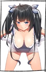 Rule 34 | 1girl, bad id, bad pixiv id, bent over, black hair, blue eyes, blush, breasts, covered navel, downblouse, dress, dungeon ni deai wo motomeru no wa machigatteiru darou ka, gloves, hair ribbon, hands on own hips, hanging breasts, hestia (danmachi), highres, kei (soundcross), large breasts, leaning forward, looking at viewer, rei no himo, ribbon, simple background, sleeveless, sleeveless dress, smile, solo, standing, twintails, white background, white dress, white gloves