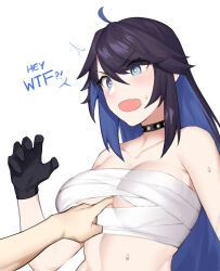 Rule 34 | 1girl, 1other, ahoge, black choker, black gloves, black hair, blue eyes, blue hair, breasts, chest sarashi, choker, cleavage, colored inner hair, dasdokter, english text, finger between breasts, gloves, highres, index finger raised, kson, large breasts, long hair, looking at viewer, multicolored hair, pov, pov hands, sarashi, sidelocks, spiked choker, spikes, streaked hair, swept bangs, virtual youtuber, vshojo