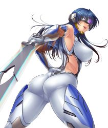Rule 34 | 1girl, ass, blue hair, bodysuit, breasts, cameltoe, covered erect nipples, covered eyes, curvy, female focus, highres, katana, large breasts, lilith-soft, long hair, looking back, shika asatsuki, simple background, smile, solo, sword, taimanin (series), taimanin asagi, taimanin asagi kessen arena, weapon, white background, zol