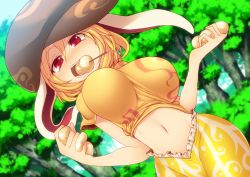 Rule 34 | 1girl, animal ears, blonde hair, blush, bouncing breasts, breasts, rabbit ears, crop top, curvy, dango, eating, floppy ears, food, hat, hip focus, kuresento, large breasts, midriff, navel, no nose, red eyes, ringo (touhou), short hair, shorts, solo, touhou, wagashi