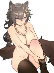 Rule 34 | 1girl, absurdres, animal ear fluff, animal ears, arknights, asymmetrical bangs, braid, breasts, brown hair, brown thighhighs, cleavage, closed mouth, collarbone, commentary, commission, convenient arm, distr, english commentary, gold necklace, groin, hair ornament, hair over one eye, highres, jewelry, knee up, large breasts, long hair, looking at viewer, mole, mole above eye, necklace, nude, penance (arknights), simple background, sitting, solo, thighhighs, thighhighs pull, undressing, white background, wolf ears, wolf girl, yellow eyes