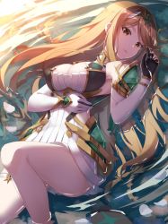 Rule 34 | .com (bot com1), 1girl, bare legs, bare shoulders, blonde hair, breasts, cleavage, cleavage cutout, clothing cutout, dress, earrings, elbow gloves, gloves, jewelry, large breasts, long hair, mythra (xenoblade), short dress, swept bangs, thigh strap, thighs, tiara, very long hair, white dress, white gloves, xenoblade chronicles (series), xenoblade chronicles 2, yellow eyes