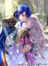 Rule 34 | 1girl, 2boys, baby, blue eyes, blue hair, cape, closed mouth, company name, copyright name, deirdre (fire emblem), dress, closed eyes, father and son, fire emblem, fire emblem: genealogy of the holy war, fire emblem cipher, holding, horse, husband and wife, long hair, long sleeves, mother and son, multiple boys, nintendo, official art, purple hair, seliph (fire emblem), short hair, sigurd (fire emblem), smile, suzuki rika, very long hair, wavy hair