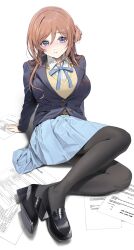 Rule 34 | 1girl, black footwear, black pantyhose, blue bow, blue bowtie, blue eyes, blue jacket, blue skirt, bow, bowtie, breasts, brown hair, collared shirt, commentary, damda, full body, highres, jacket, large breasts, long hair, long sleeves, original, pantyhose, paper, parted lips, pleated skirt, shirt, simple background, sitting, skirt, solo, symbol-only commentary, thighs, uniform, white background, white shirt