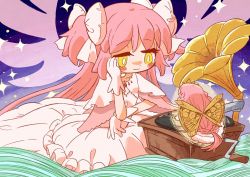 Rule 34 | 2girls, absurdly long hair, blush stickers, bow, braid, choker, cropped jacket, crown, dress, frilled dress, frills, fur-trimmed dress, fur trim, gloves, golden wings, hair bow, head rest, highres, infinite iroha, jacket, kaname madoka, layered dress, layered sleeves, leon0510, long hair, looking at another, low neckline, low ponytail, magia record: mahou shoujo madoka magica gaiden, mahou shoujo madoka magica, multiple girls, phonograph, pink gemstone, pink hair, pink wings, sad smile, short sleeves, side braids, sidelocks, size difference, sparkle, swept bangs, tamaki iroha, two side up, ultimate madoka, very long hair, white bow, white choker, white dress, white gloves, white jacket, wide sleeves, wings, yellow eyes