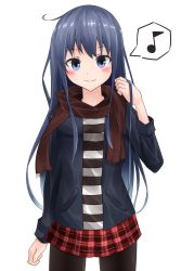 Rule 34 | 1girl, akatsuki (kancolle), blue hair, blue jacket, blush, brown pantyhose, brown scarf, closed mouth, commentary request, cowboy shot, gradient hair, highres, jacket, kantai collection, long hair, long sleeves, looking at viewer, multicolored hair, musical note, pantyhose, plaid, plaid skirt, pleated skirt, purple eyes, purple hair, quaver, red skirt, scarf, shirt, simple background, skirt, smile, solo, spoken musical note, standing, striped clothes, striped shirt, tateishi kureha, very long hair, white background