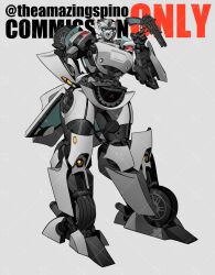 Rule 34 | 1girl, blue eyes, commission, fang, grey background, gun, highres, holding, holding gun, holding weapon, kamitoge supino, looking at viewer, mecha, mitsubishi motors, open mouth, original, robot, science fiction, skin fang, smile, smug, solo, transformers, twitter username, watermark, weapon, wheel