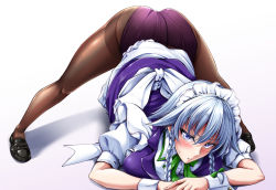 Rule 34 | 1girl, arm rest, black footwear, black pantyhose, blue eyes, braid, campbell gichou, clothes lift, flexible, hands on ground, highres, izayoi sakuya, jack-o&#039; challenge, loafers, maid, maid headdress, meme, pantyhose, shoes, short hair, silver hair, solo, spread legs, thighband pantyhose, top-down bottom-up, touhou, twin braids, wide spread legs