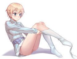 Rule 34 | 10s, 1girl, belt pouch, blonde hair, blue sweater, brave witches, breasts, closed mouth, clothes pull, dressing, from side, full body, fur trim, kneehighs, knees up, konnyaku (kk-monmon), leg up, long sleeves, looking at viewer, medium breasts, nikka edvardine katajainen, no pants, no shoes, panties, pantyhose, pantyhose pull, pouch, ribbed sweater, shadow, short hair, simple background, smile, socks, solo, sweater, turtleneck, turtleneck sweater, underwear, white background, white panties, white socks, world witches series