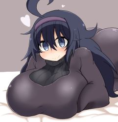 Rule 34 | 1girl, @ @, ahoge, ass, bed, breasts, creatures (company), detritus, dress, game freak, hairband, hex maniac (pokemon), huge breasts, long hair, looking at viewer, lying, messy hair, nintendo, npc trainer, on stomach, pokemon, pokemon xy, purple eyes, purple hair, simple background, smile, solo, turtleneck, turtleneck dress