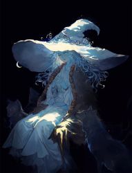 Rule 34 | 1girl, blue eyes, blue hair, blue skin, chun qiu, cloak, coat, colored skin, crack, cracked skin, dress, elden ring, extra arms, extra faces, fur cloak, fur coat, glowing tattoo, hat, highres, long hair, looking at viewer, moon, one eye closed, ranni the witch, simple background, sitting, source request, tattoo, witch, witch hat, wolf