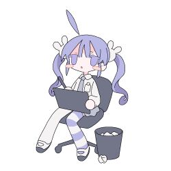 Rule 34 | 1girl, ahoge, ahoge wag, animated, animated gif, asymmetrical legwear, blush stickers, chair, chibi, collared shirt, crumpled paper, daizu (melon-lemon), detached ahoge, drawing (action), drawing tablet, expressive hair, foot dangle, full body, grey necktie, grey skirt, hair ornament, holding, holding drawing tablet, holding stylus, long hair, long sleeves, looping animation, mismatched legwear, name tag, necktie, office chair, on chair, original, parted lips, purple eyes, purple hair, purple thighhighs, rabbit hair ornament, shirt, shoes, sidelocks, simple background, sitting, skirt, solo, striped clothes, striped thighhighs, stylus, swivel chair, thighhighs, trash can, triangle mouth, twintails, uwabaki, white background, white footwear, white shirt, white thighhighs