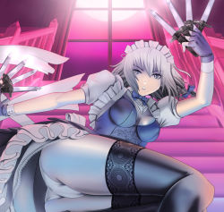 Rule 34 | 1girl, :o, ass, black thighhighs, breasts, female focus, full moon, impossible clothes, impossible shirt, izayoi sakuya, knife, lace, lace-trimmed legwear, lace trim, legs, maid headdress, moon, panties, pantyshot, raybar, red moon, shirt, short hair, silver hair, solo, stairs, thighhighs, touhou, underwear, upskirt, weapon, white panties