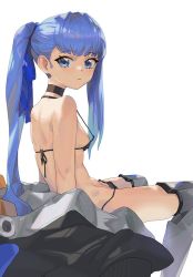 Rule 34 | 1girl, bikini, black bikini, black choker, blue hair, blue ribbon, breasts, choker, closed mouth, coat, unworn coat, fate/grand order, fate (series), from behind, from side, hair ribbon, light blush, long hair, looking at viewer, looking back, loose bikini, meltryllis (fate), meltryllis (swimsuit lancer) (first ascension) (fate), armored boots, oversized breast cup, ponytail, ribbon, simple background, single sidelock, sitting, small breasts, solo, strap gap, swimsuit, white background, wonchun