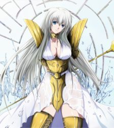 Rule 34 | 1girl, armor, armored dress, arms behind back, blue eyes, breasts, cleavage, collar, collarbone, dress, highres, holding, large breasts, long hair, mable, saint seiya, saint seiya: the lost canvas, sasha (saint seiya: the lost canvas), silver hair, smile, solo, staff, wet, wet clothes, wet dress, white dress