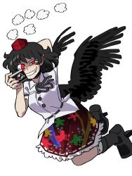 Rule 34 | 1girl, :d, absurdres, bird wings, black footwear, black hair, black wings, camera, collared shirt, commentary, eddybird55555, english commentary, full body, geta, highres, holding, holding camera, looking at viewer, multicolored clothes, multicolored skirt, open mouth, red eyes, shameimaru aya, shirt, short hair, simple background, skirt, smile, solo, touhou, white background, white shirt, wings