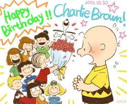 Rule 34 | 2013, 3boys, 6+girls, artist name, birthday, black hair, blanket, blonde hair, blush, bouquet, bow, brother and sister, brown hair, charles schulz (style), charlie brown, closed eyes, crossed arms, dated, dress, english text, flower, freckles, glasses, hair bow, instrument, linus van pelt, lucy van pelt, marcie (peanuts), multiple boys, multiple girls, open mouth, patty (peanuts), peanuts, peppermint patty, piano, sally brown, schroeder (peanuts), shirt, short hair, siblings, smile, snoopy, striped clothes, striped shirt, uriko, uriko (botannabe), violet gray