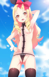 Rule 34 | 10s, 1girl, armpits, blonde hair, bow, breasts, brown eyes, drill hair, eromanga sensei, hair bow, highres, long hair, looking at viewer, open mouth, revealing clothes, ripe.c, small breasts, solo, thighhighs, twin drills, wedgie, wrist cuffs, yamada elf
