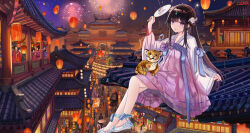 Rule 34 | aerial fireworks, animal, architecture, black hair, blonde hair, blush, building, chinese clothes, city, doll, dress, east asian architecture, fireworks, full body, hair ornament, hand fan, hanfu, highres, holding, holding fan, lantern, long hair, long sleeves, looking at viewer, multiple girls, night, night sky, original, outdoors, pagoda, paper fan, paper lantern, parted lips, purple eyes, qixiong ruqun, ruqun, sandals, scenery, see-through, shoes, sitting, sky, sky lantern, star (sky), starry sky, suangyue qiuhua, tiger, tuanshan, very long hair, wide sleeves
