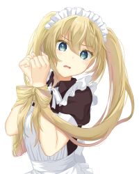 Rule 34 | 1girl, apron, back bow, black dress, blonde hair, blue eyes, blush, bound, bound wrists, bow, bow-shaped hair, clenched hands, colored eyelashes, commentary, double-parted bangs, dress, frilled apron, frills, frown, hair between eyes, hair focus, hands up, head tilt, highres, long hair, looking at viewer, maid, maid apron, maid headdress, mochimugi rice, neck ribbon, open mouth, original, puffy short sleeves, puffy sleeves, restrained, ribbon, short sleeves, simple background, solo, tearing up, tears, twintails, upper body, v-shaped eyebrows, very long hair, white apron, white background, white bow, white ribbon