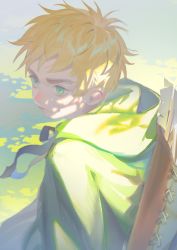 Rule 34 | 1boy, aged down, arrow (projectile), axis powers hetalia, blonde hair, cape, child, dappled sunlight, day, furrowed brow, green cape, green eyes, highres, huacai, looking ahead, male focus, outdoors, quiver, short hair, solo, sunlight, thick eyebrows, united kingdom (hetalia)