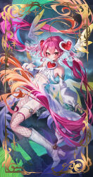 Rule 34 | 1girl, :3, bare shoulders, blue pupils, boots, detached sleeves, detached wings, fishnets, gradient hair, halo, heart, highres, knee boots, looking at viewer, magical girl, misekiss, multicolored hair, original, panties, pink hair, pink nails, red eyes, solo, twintails, underwear, white footwear, white panties, wings