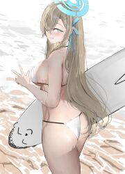 Rule 34 | 1girl, absurdres, doodle sensei (blue archive), ass, asuna (blue archive), beach, bikini, blue archive, blue eyes, blue halo, blue ribbon, breasts, butt crack, day, grin, hair over one eye, hair ribbon, halo, hand up, highres, holding, holding surfboard, jdep, large breasts, light brown hair, long hair, ocean, outdoors, ribbon, sand, sensei (blue archive), set, smile, solo, surfboard, swimsuit, teeth, v, water, white bikini