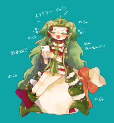 Rule 34 | 1girl, blue background, braid, cellphone, closed eyes, dress, fang, fire emblem, fire emblem: three houses, fire emblem heroes, fur trim, green hair, hair ornament, highres, holding, holding phone, long hair, nintendo, open mouth, phone, pointy ears, sack, simple background, sitting, smartphone, solo, sothis (fire emblem), sothis (winter) (fire emblem), tiara, twin braids, vianchiel