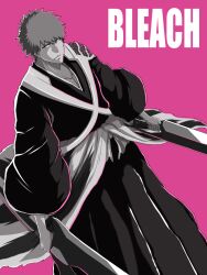 Rule 34 | 1boy, black kimono, bleach, bleach: sennen kessen-hen, blush, closed mouth, commentary, copyright name, dutch angle, highres, holding, holding sword, holding weapon, japanese clothes, kimono, kurosaki ichigo, long sleeves, looking at viewer, monochrome, nemo3105, nose blush, pink background, short hair, simple background, solo, spiked hair, spoilers, standing, sword, true zangetsu (shikai), weapon, wide sleeves