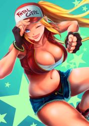 Rule 34 | 1girl, absurdres, akikou sunlight, blonde hair, blue eyes, breasts, cleavage, fatal fury, gender request, genderswap, highres, large breasts, long hair, looking at viewer, navel, one eye closed, open mouth, short shorts, shorts, smile, snk heroines: tag team frenzy, solo, terry bogard, thighs