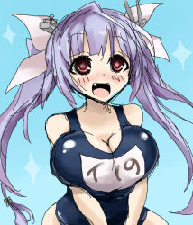 Rule 34 | 10s, 1girl, bare shoulders, blue hair, blush, breasts, cleavage, female focus, hair ornament, hair ribbon, huge breasts, i-19 (kancolle), kantai collection, large breasts, long hair, name tag, one-piece swimsuit, open mouth, oro (zetsubou girl), red eyes, ribbon, school swimsuit, smile, solo, star-shaped pupils, star (symbol), swimsuit, symbol-shaped pupils, twintails