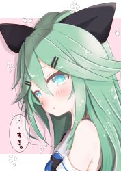 Rule 34 | 1girl, :o, bad id, bad pixiv id, bare shoulders, black ribbon, black shirt, blue eyes, blush, commentary request, green hair, hair between eyes, hair ornament, hair ribbon, hairclip, high ponytail, highres, kantai collection, long hair, parted lips, petals, pink background, ponytail, ribbon, ridy (ri sui), shirt, sleeveless, sleeveless shirt, solo, tears, translation request, two-tone background, upper body, white background, yamakaze (kancolle)