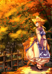 Rule 34 | 1girl, animal ears, blonde hair, blue eyes, breasts, breasts squeezed together, clog sandals, dress, female focus, fence, fox ears, fox tail, hat, hat with ears, highres, koha, large breasts, long sleeves, looking back, multiple tails, sandals, solo, sunset, tabard, tail, touhou, tree, unworn hat, unworn headwear, v arms, white dress, wide sleeves, yakumo ran, zouri