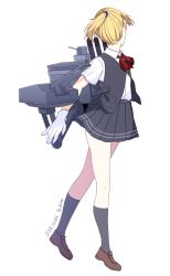 Rule 34 | 1girl, black skirt, black socks, blonde hair, brown footwear, dated, dress shirt, full body, gloves, highres, kantai collection, kneehighs, loafers, looking away, machinery, maikaze (kancolle), neck ribbon, parted bangs, pleated skirt, ponytail, red ribbon, ribbon, school uniform, scrunchie, shirt, shoes, short hair, short ponytail, simple background, skirt, socks, solo, standing, tanaka io (craftstudio), twitter username, white background, white gloves, white shirt