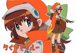 Rule 34 | 1girl, blue eyes, bow, brown hair, cape, closed mouth, fingerless gloves, flower, full body, gloves, hat, long hair, looking at viewer, marguerite fatima, orange hat, piko han, simple background, smile, solo, white background, xenogears