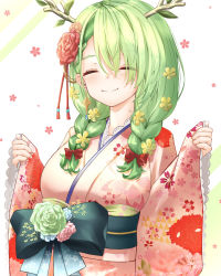 Rule 34 | 1girl, absurdres, antlers, braid, breasts, ceres fauna, ceres fauna (new year), closed eyes, commentary request, eyes visible through hair, floral print, flower, green hair, hair flower, hair ornament, highres, hololive, hololive english, horns, japanese clothes, kimono, lace, lace-trimmed kimono, lace-trimmed sleeves, lace trim, large breasts, long hair, long sleeves, obi, pink kimono, print kimono, sash, sleeves past wrists, smile, solo, twin braids, u da desu, upper body, virtual youtuber, wide sleeves