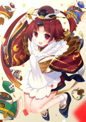 Rule 34 | 1girl, :d, apron, arm up, benienma (fate), black footwear, blurry, blurry background, blurry foreground, blush, brown hair, brown hat, brown kimono, commentary request, crescent, depth of field, fate/grand order, fate (series), full body, glint, hat, highres, holding, holding spoon, japanese clothes, kimono, ko yu, long hair, long sleeves, looking at viewer, low ponytail, okobo, open mouth, parted bangs, platform footwear, ponytail, red eyes, rice, sandals, short kimono, sleeves past wrists, smile, socks, solo, spoon, tabi, very long hair, white apron, white socks, wide sleeves, wooden spoon, zouri