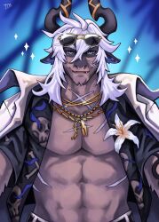 Rule 34 | 1boy, 7th art forge, abs, absurdres, alchemy stars, bara, flower, furry, furry male, highres, horns, istvan (alchemy stars), istvan (roadside celebrity) (alchemy stars), jewelry, long hair, looking at viewer, male focus, palm tree, pectoral cleavage, pectorals, scar, smile, solo, sparkle, sunglasses, tree, unbuttoned, unbuttoned shirt, white hair