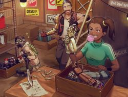 Rule 34 | 1girl, 2boys, ^ ^, animification, apex legends, black headwear, blue nails, box, bracelet, breasts, brown hair, cardboard box, closed eyes, crop top, disembodied hand, eyebrow cut, facial hair, facial mark, forehead mark, fuse (apex legends), goggles, jewelry, knife, looking back, mask, mechanical arms, medium breasts, mouth mask, multicolored hair, multiple boys, mustache, nail polish, nashigawa, octane (apex legends), open mouth, paper, prosthesis, prosthetic arm, rampart (apex legends), science fiction, shell casing, side ponytail, single mechanical arm, soul patch, sparkle, squatting, streaked hair, white hair