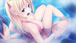 Rule 34 | 10s, 1boy, 1girl, bikini, blonde hair, blue eyes, blush, breasts, clothed sex, game cg, hair ribbon, hetero, highres, kagurazaka namine, koutaro, long hair, nipples, open clothes, open mouth, partially submerged, protagonist (tropical vacation), puffy nipples, ribbon, saliva, sex, sitting, straddling, swimsuit, tropical kiss, tropical vacation, twinkle (company), water
