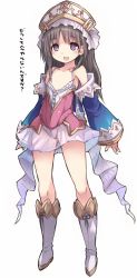 Rule 34 | 1girl, atelier (series), atelier totori, blue jacket, boots, brown hair, flat chest, full body, hat, highres, jacket, karukan (monjya), knee boots, leotard, leotard under clothes, long hair, miniskirt, off shoulder, open mouth, pink eyes, pink leotard, see-through, simple background, skirt, smile, solo, thighs, totooria helmold, translation request, white background, white footwear, white hat, white legwear, white skirt