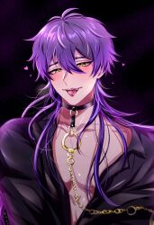 Rule 34 | 1boy, ahoge, chain, chain leash, choker, collar, fang, hair between eyes, heart, highres, leash, long hair, looking at viewer, male focus, nu carnival, open clothes, open shirt, pectoral cleavage, pectorals, purple hair, rin (nu carnival), smile, teeth, tongue, tongue out, upper body, upper teeth only, yadome810, yellow eyes