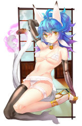 Rule 34 | 1girl, :d, ahoge, animal ears, arm up, bare shoulders, bell, bikini, black gloves, black thighhighs, blue hair, breasts, bridal garter, cat ears, cat tail, choker, cleavage, elbow gloves, gloves, hair ribbon, high heels, jingle bell, long hair, looking at viewer, medium breasts, multiple tails, naso4, navel, neck bell, nekomata, open mouth, original, ponytail, ribbon, single thighhigh, sliding doors, smile, solo, swimsuit, tail, tatami, thighhighs, two tails, white bikini, yellow eyes