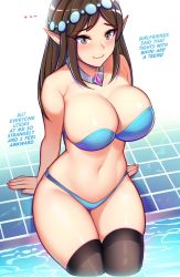 Rule 34 | 1girl, bare shoulders, bikini, blush, breasts, brown eyes, brown hair, hair ornament, highres, ikkimay, jewelry, large breasts, long hair, necklace, paladins, pale skin, pointy ears, poolside, swimsuit, thighhighs, tiles, water, wide hips, ying (paladins)